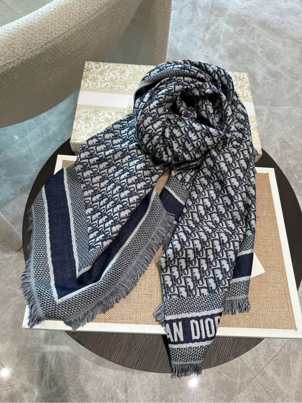 Dior Navy and Gray Monogram Wool-Blend Scarf